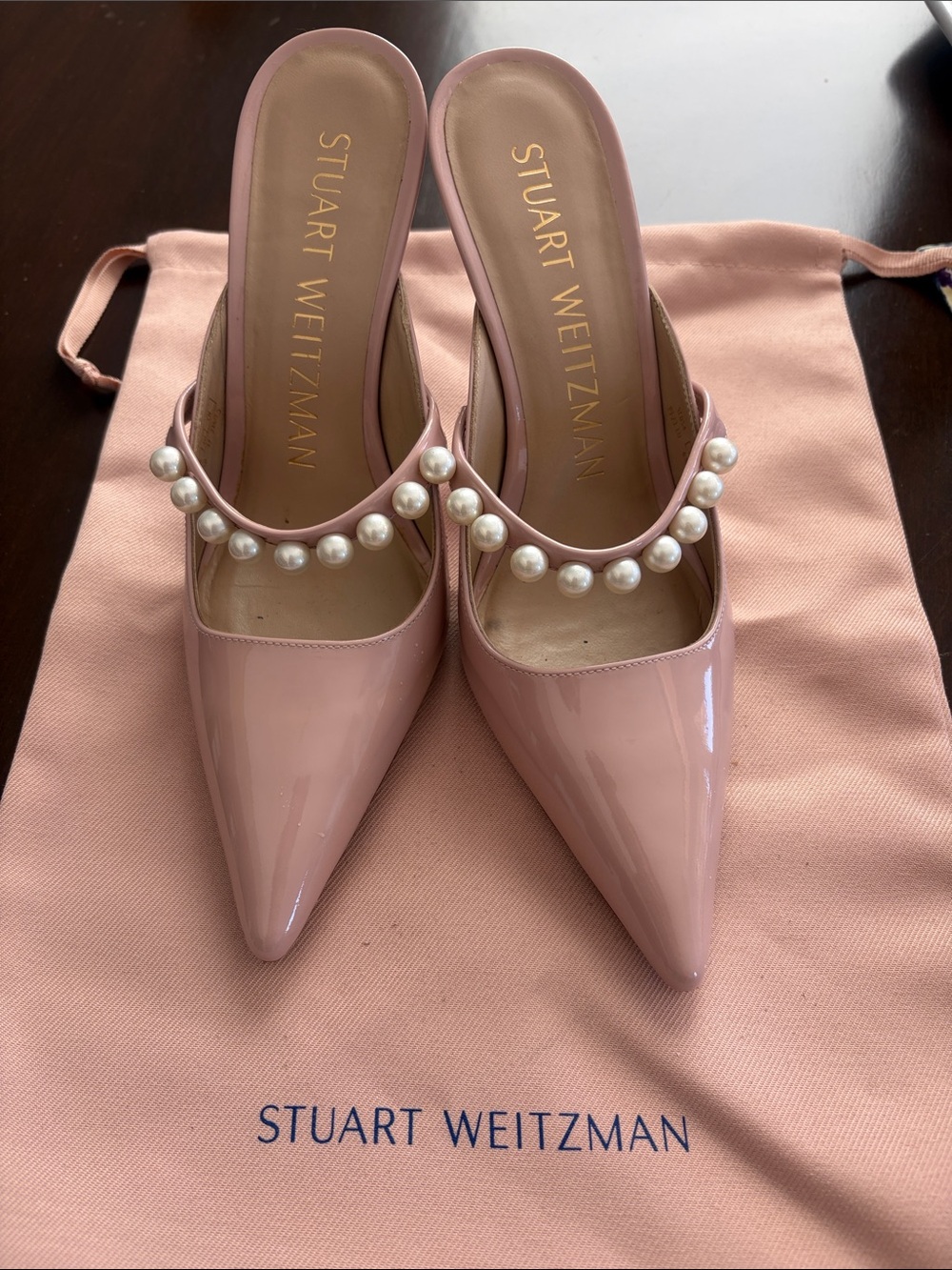 Stuart Weitzman Blush Patent Pearl-Embellished Pointed Mules